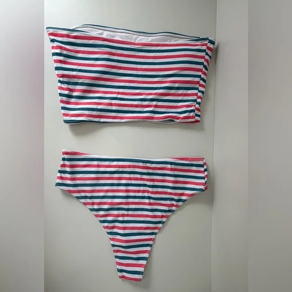 Women’s Striped Two-Piece Cheeky Swim Set - Pink, Teal & White - Picture 2 of 4